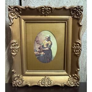 Vintage Print Art Plastic Gold Ornate Frame Wall Hanging Vermeer Milkmaid USA